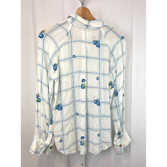 FREE PEOPLE Size S Window To My Heart Button Down Shirt Check Floral White Blue - Picture 2 of 9